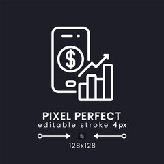 Personal finance app white linear desktop icon on black. Budget planner. Expense tracker. Pixel perfect 128x128, outline 4px. Isolated user interface symbol for dark theme. Editable stroke