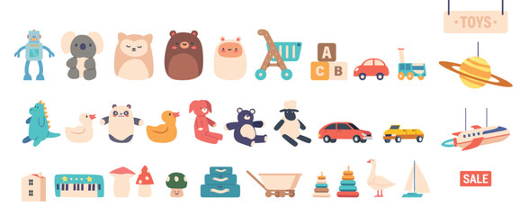 Assorted Collection Of Children Toys, Offering A Wide Range Of Play Possibilities And Entertainment, Vector Illustration