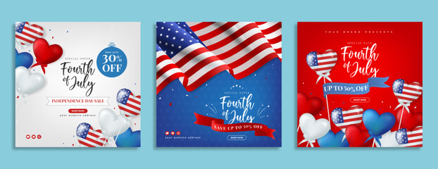 American independence day sale promotion social media post template. Business on 4th of july or usa national day marketing banner with love or heart balloon and united states flag. Republic day flyer.