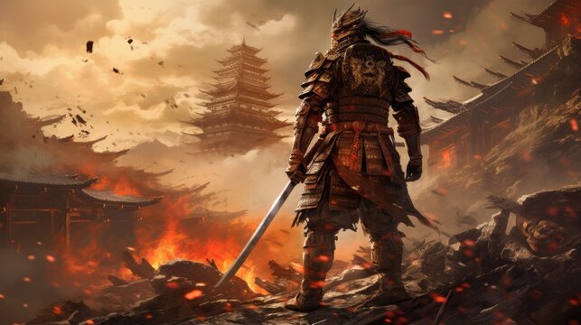 Samurai warrior in armor and mask against the background of a burning ruined city. japanese samurai. generative ai