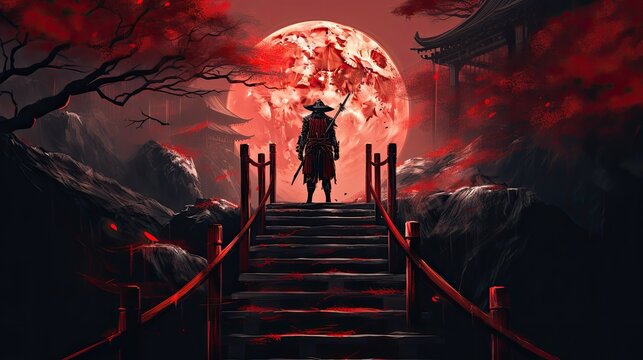A samurai standing on stairway in night forest with the moon on background. japanese samurai. Generative ai