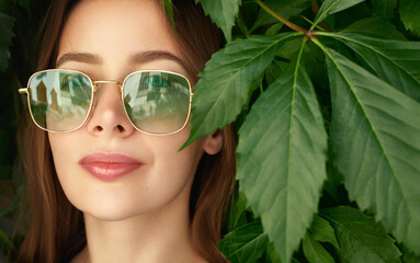 Stylish eye glasses.  Portrait of beautiful girl in trendy square green sunglasses posing against...
