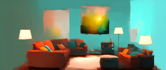 View From Above of a family room with cyan walls in Back lighting using Speedpainting style. Generative AI