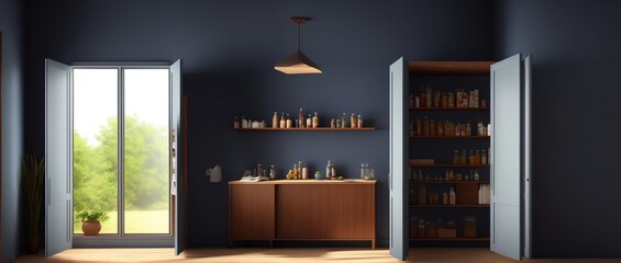 Panoramic View of a Pantry with indigo walls in Volumetric lighting using Speedpainting style. Generative AI