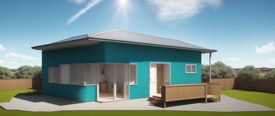 Isometric View of a granny flat with teal walls in Sunshine rays using 50mm Photograph style. Generative AI