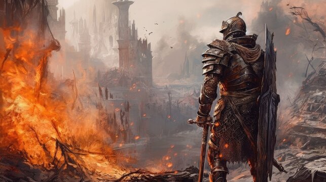 Samurai warrior in armor and mask against the background of a burning ruined city. japanese samurai. generative ai
