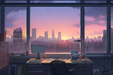 Anime Office Scene, Creative and Imaginative Workplace