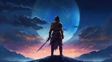 A samurai with swords and kasa stands against the background of the night starry sky with clouds. mountains in the distance. japanese samurai. Wallpaper. Generative ai