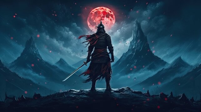 A samurai with swords and kasa stands against the background of the night starry sky with clouds. mountains in the distance. japanese samurai. Wallpaper. Generative ai