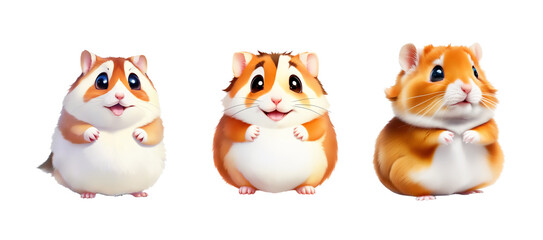 three cute cartoon hamsters on a transparent background