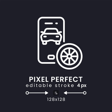 Automotive app white linear desktop icon on black. Car service. Vehicle maintenance. Auto dealer. Pixel perfect 128x128, outline 4px. Isolated user interface symbol for dark theme. Editable stroke