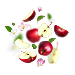 Cut out ripe apples. Flying red fresh apples, apple flowers inflorescences, green leaves isolated on white background. With clipping path. Creative concept of food, harvest. Mockup