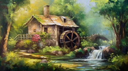 Digital oil painting of nostalgic watermill in the greenery. Beautiful natural image for poster, card, art print. Generative AI. - obrazy, fototapety, plakaty