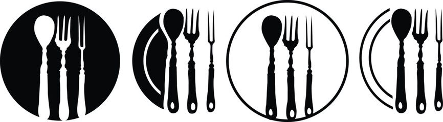 Cutlery set of vector icons. fork knife and spoon simple sign