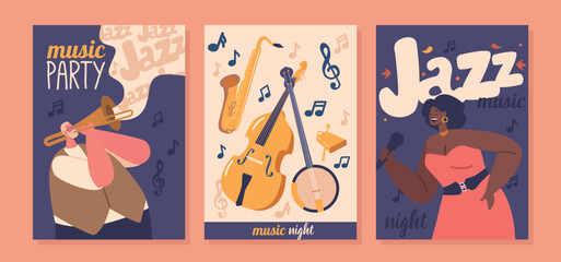 Jazz Banners with Woman Singer and Trumpeter Characters Captivating with Blend Of Vibrant Colors, Rhythmic Typography