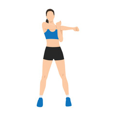Woman doing Standing cross body arm. Shoulder stretch exercise. Flat vector illustration isolated on white background - obrazy, fototapety, plakaty