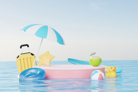 Summer vacation abstract product display, Minimal Realistic Display Podium in the blue ocean sea background concept, Cosmetics with tropical summer island, umbrella, inflatable ring. 3d rendering