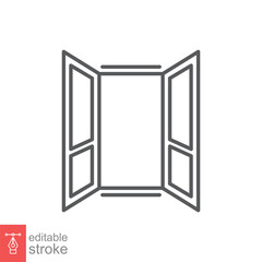 Opened window icon. Simple outline style. House, home, square frame window with glass, architecture concept. Thin line symbol. Vector illustration isolated on white background. Editable stroke EPS 10.