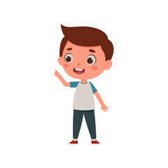 Cute little kid boy with great idea. Template for children design. Cartoon schoolboy character show facial expression. Vector illustration