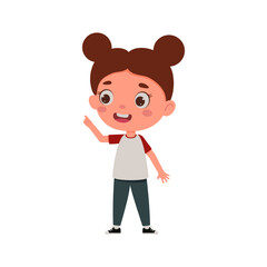 Cute little kid girl with great idea. Template for children design. Cartoon schoolgirl character show facial expression. Vector illustration