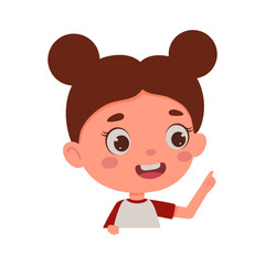 Cute little kid girl with great idea. Template for children design. Cartoon schoolgirl character show facial expression. Vector illustration