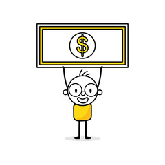 Comic man holds a big dollar. Financial and banking concept. Vector stock illustration