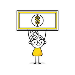 Comic woman holds a big dollar. Financial and banking concept. Vector stock illustration