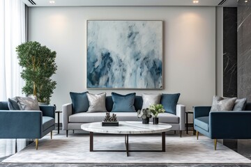 Close up details of a sleek, contemporary living room sofa, couch, pillows and accent mirror