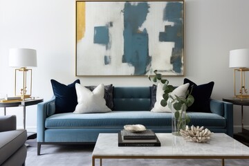 Close up details of a sleek, contemporary living room sofa, couch, pillows and accent mirror