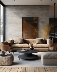 Close up details of a sleek, contemporary living room sofa, couch, pillows and accent mirror