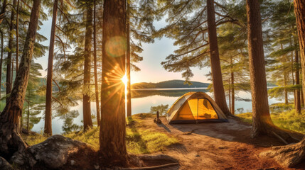 Camping tent under the pine forest near the lake at morning sunrise. Generative AI
