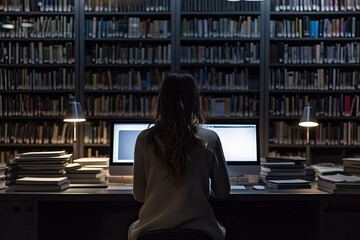 Young woman alone working late in the night at the library with her laptop. Generative AI