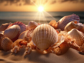 Obraz na płótnie Canvas Sea shells on the sand lit by the sun in summertime