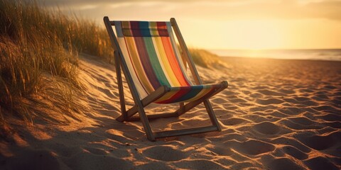 A colorful striped deckchair on sand, made with Generative AI