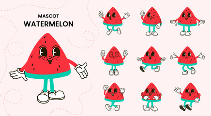 Cartoon groovy character mascot, and gloved hands. Stickers with a cute and happy character, 90s style. Helper vector set  retro 60s 70s cartoon style.