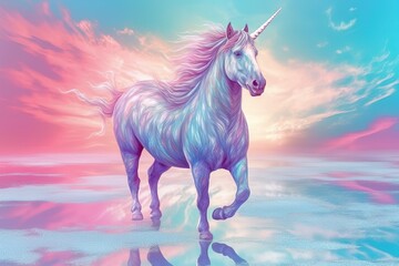 Naklejka na ściany i meble a painting of a unicorn standing on a beach with a sky background and clouds in the background, with a pink and blue hued sky. generative ai