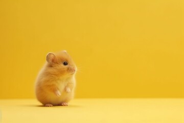  a small hamster standing on its hind legs on a yellow surface with its front paws in the air and its front paws in the air.  generative ai