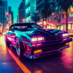 Fototapeta na wymiar Retro Nights: Classic Sports Car Illuminates Miami Street in Retrowave Style, Generative AI