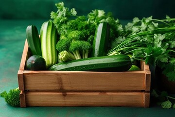 Various zucchini and other vegetables in a wooden box. AI generated.