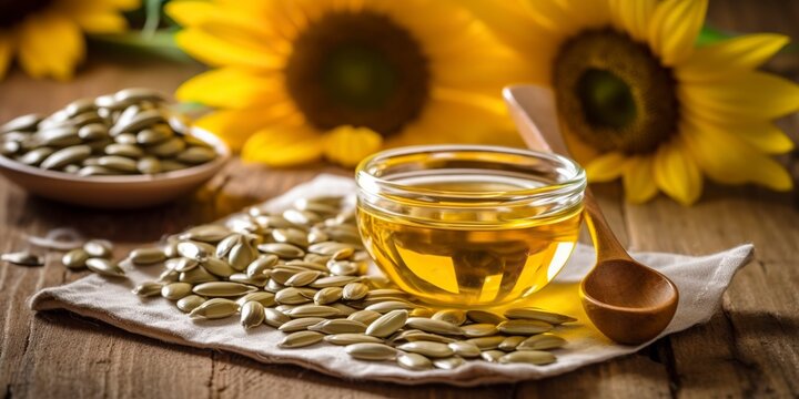 Sunflower oil extracted from its flower seeds.Ai generated