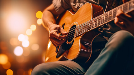 Fototapeta na wymiar A soft focus image of a musician playing guitar with shallow depth of field and blurred surroundings, 