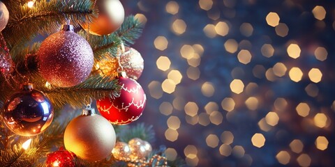 Obraz na płótnie Canvas Christmas panoramic background, with shiny decorative balls. Ai generated.