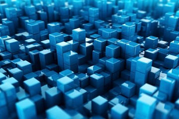 Abstract background with blue cubes of different sizes, solid. Ai generated.