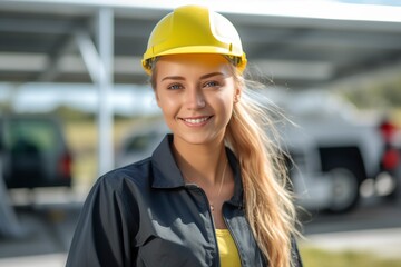 A woman in a yellow helmet supervises the photovoltaic installation. Ai generated.