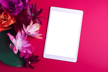 smartphone mockup, smartphone with blank transparent screen on bright pink background, generative AI. 