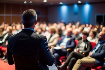 Fototapeta premium With his back to an audience, a businessman makes a presentation. Ai generated.