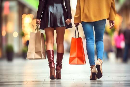 With their backs, two female friends walk along a shopping street with fashionable shopping bags. AI generated.