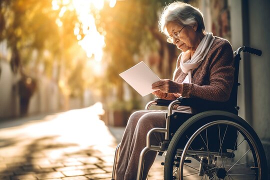 Woman In A Wheelchair Reads A Document When Leaving The Hospital, Invoice. Ai Generated.