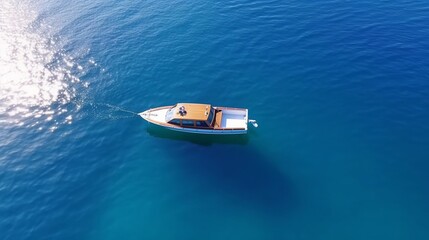 Aerial view of floating boat on blue Adriatic sea at sunny day. Fast boat on the sea surface. Seascape from drone. Travel video generative ai