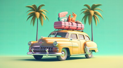 Funny retro car with surfboard, suitcases and palms. Unusual summer travel 3d illustration. Summer vacation concept  generative ai
